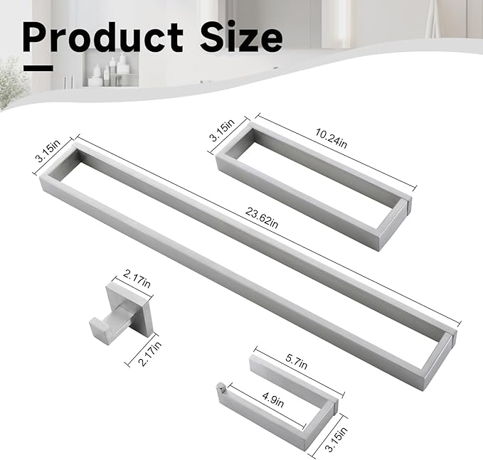 Brushed Nickel Towel Bar Set,5-Pieces Bathroom Hardware Accessories Set,Towel Racks Set for Bathroom 23.6 Inch Towel Bar Stainless Steel Wall-Mounted