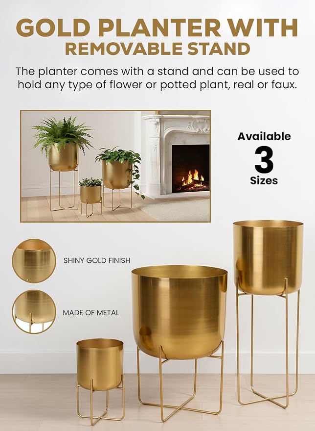 Serene Spaces Living (Set of 4 Short Gold Planter with Detachable Metal Stand, Decorative Indoor Planter Pot, Flower Pots Stand for Living Room, Kitchen, Office, Measures 13" Tall and 7.25" Diameter