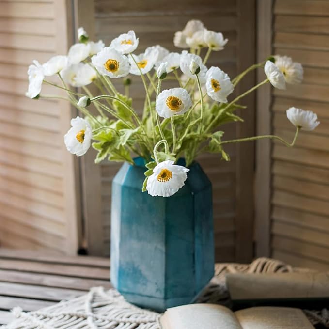 Artificial Flowers 6 Stems Poppy Silk Bouquet,for Wedding, Home, Party Decoration,Table Centerpiece Arrangement(White)