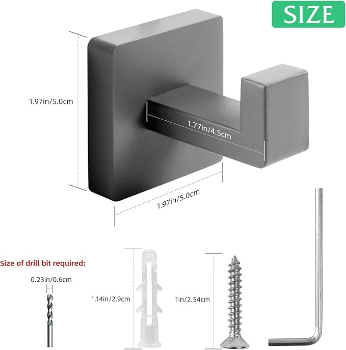 Heavy Duty 33 Lbs Stainless Steel Towel Hooks, Wall Mounted Square Robe Hooks for Bathroom, Kitchen, Bedroom, Hotel 2 Pack Grey
