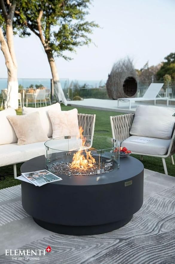 Elementi+ | Bundle Nimes Gas Fire Pit Cast Concrete 40" Dia. Round Fire Table, Outdoor Fire Pit Electronic Ignition | Canvas Cover, Fire Glass and Burner Lid Included | Dark Gray | Propane Gas