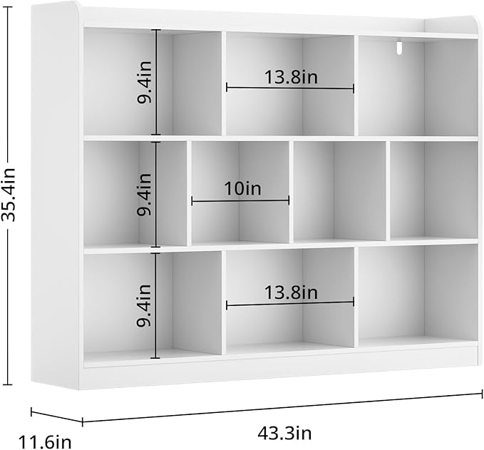 White Bookshelf, Wood Bookcase with 3 Tier Open Shelves, 10-Cube Minimalist Storage Shelf for Living Room, Bedroom, 43.3" W x 35.4" H