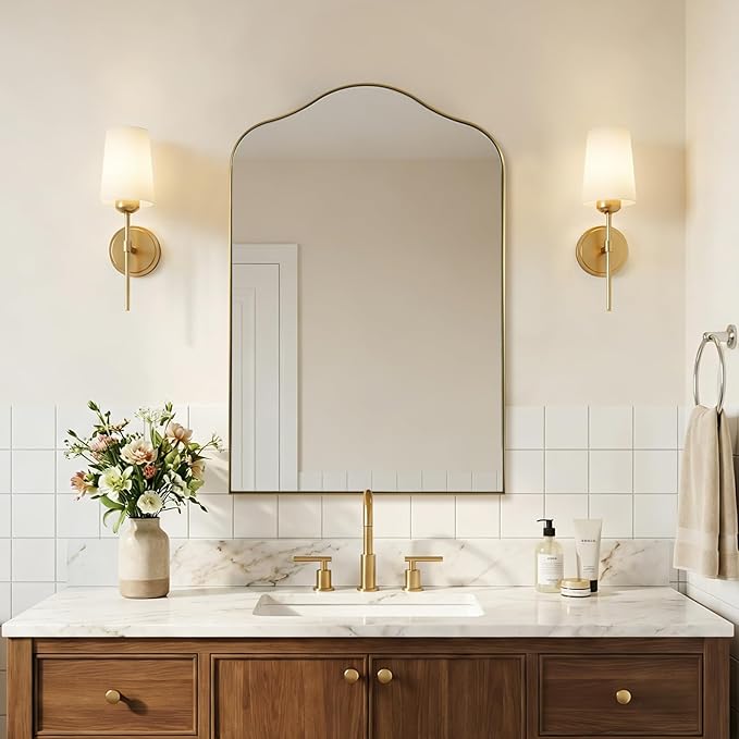ANDY STAR Brass Scalloped Arched Wall Mirror, 26x38 Brushed Gold Irregular Bathroom Mirror with Curved Design for Vanity, Powder Room, Fireplace, Mantel, with Stainless Steel Metal Frame