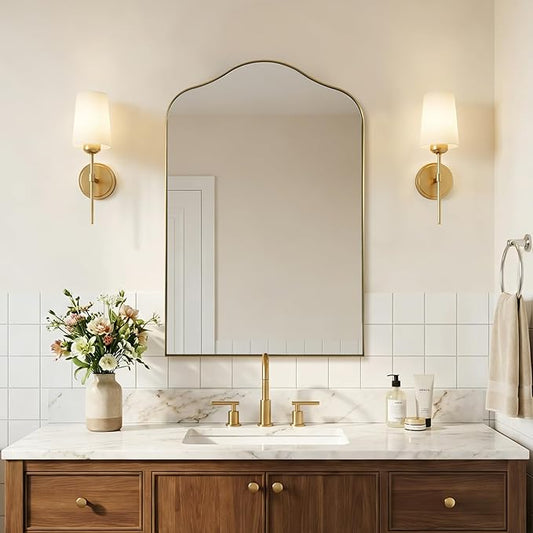 ANDY STAR Brass Scalloped Arched Wall Mirror, 26x38 Brushed Gold Irregular Bathroom Mirror with Curved Design for Vanity, Powder Room, Fireplace, Mantel, with Stainless Steel Metal Frame