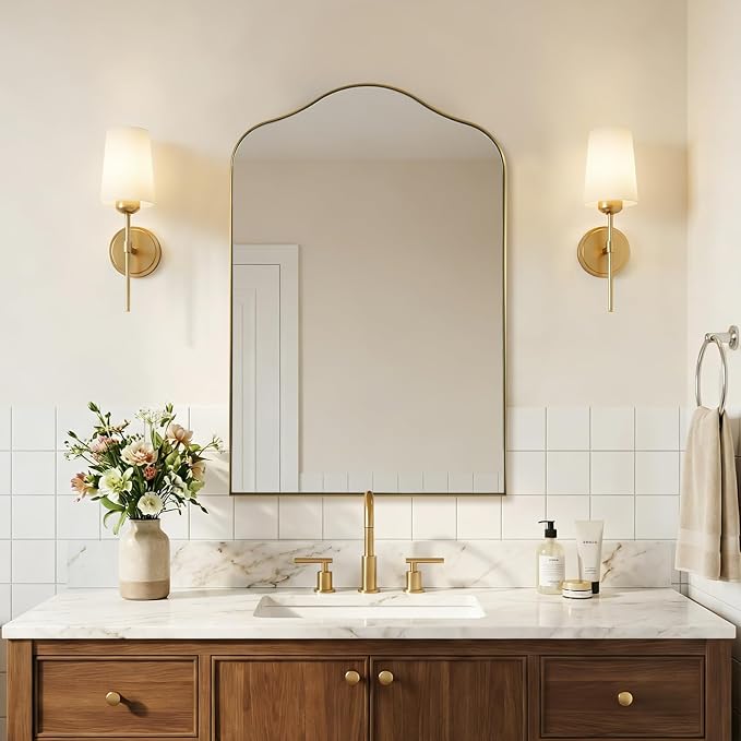 ANDY STAR Brass Scalloped Arched Wall Mirror, 24x36 Brushed Gold Irregular Bathroom Mirror with Curved Design for Vanity, Powder Room, Fireplace, Mantel, with Stainless Steel Metal Frame