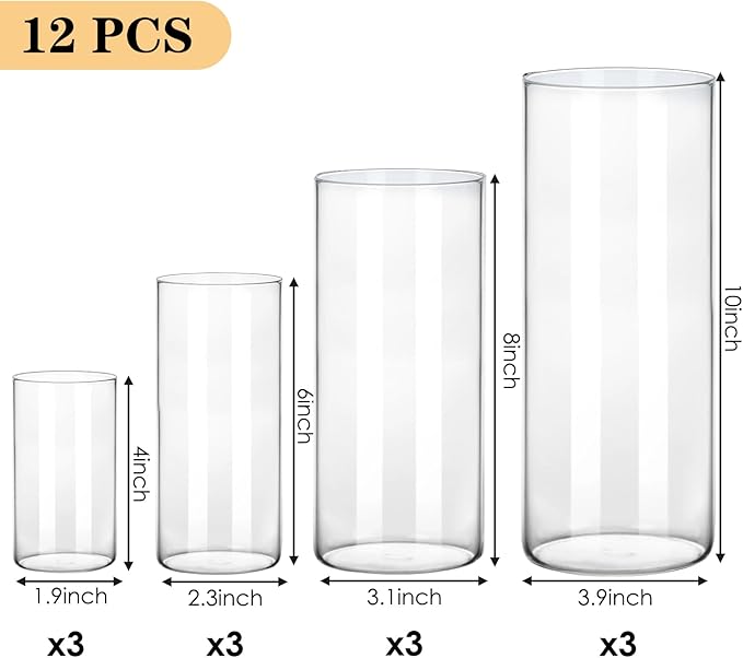 Fixwal 12pcs Clear Glass Cylinder Vases, 4, 6, 8, 10 Inch Tall Cylinder Vases for Centerpieces, Glass Flower Vase Floating Candle Holder Vase for Table Shelf, Party, Wedding, Home Decor