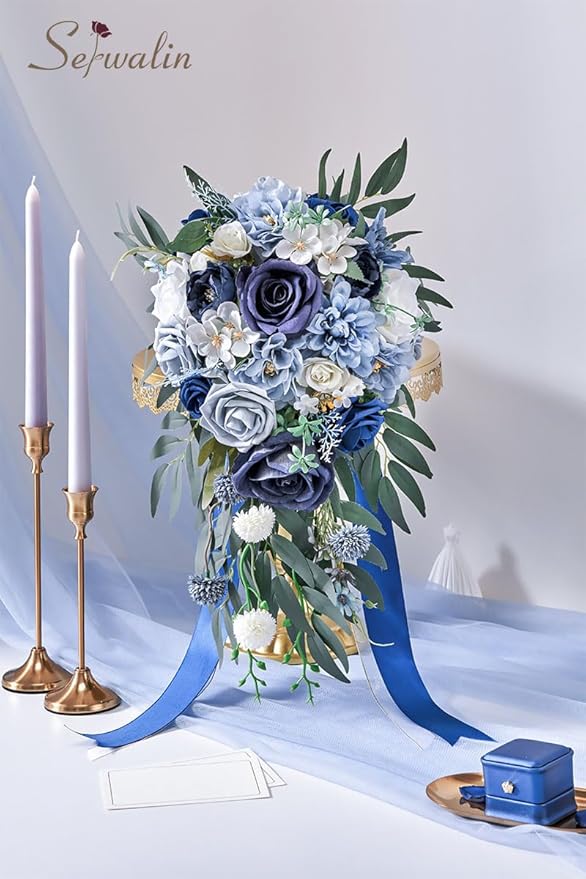 Serwalin 9.8 Inch Wedding Bouquets for Bride Bridesmaid, Dusty Blue Bridal Bouquets for Bride, Wedding Flowers Bouquet Tossing Bouquet, Wedding Ceremony and Anniversary Decoration