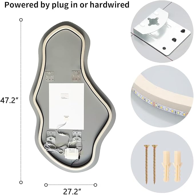 Modern Irregular LED Bathroom Mirror with Lights, Asymmetrical Frameless Smart Lighted Wall Mirror for Living Room Entryway, Large Decorative Makeup Vanity Mirror with Touch Switch(27.2″x47.2″)