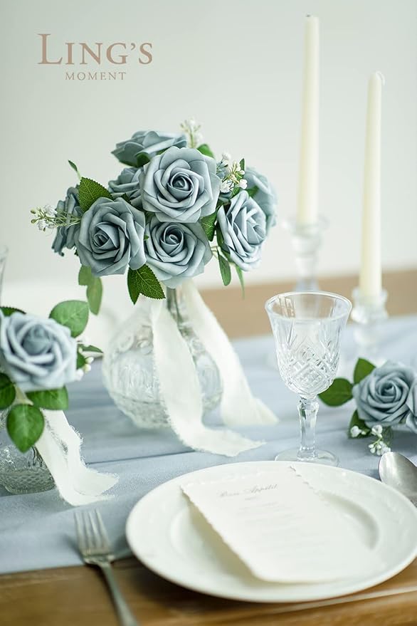 Ling's moment Artificial Flowers 50Pcs Dusty Blue Roses Decor w/Stems,3" Real Touch DIY Foam Floral for Wedding Bouquet/Centerpieces, Outdoors Party Backdrop, Room/Table, and Garden/Pot Decorations