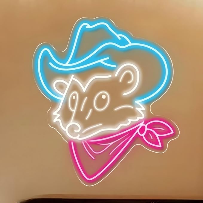 Opossum Cowboy Neon Sign, Western Rodeo decor Cowboy Mouse Neon Sign, Cowboy Bar Decor, Gaming Room Decor, Funny Western Opossum Sign, Light up Cute Animal Shape LED Lamp, Unique Home