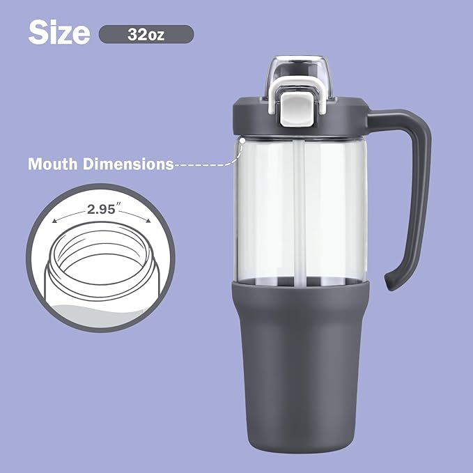 32oz Glass Water Bottle, 2-in-1 Straw and Sip Spout Lid, Leakproof Wide Mouth Tumbler with Handle, BPA-Free Reusable Bottle for Sports, Office, Outdoor, Grey