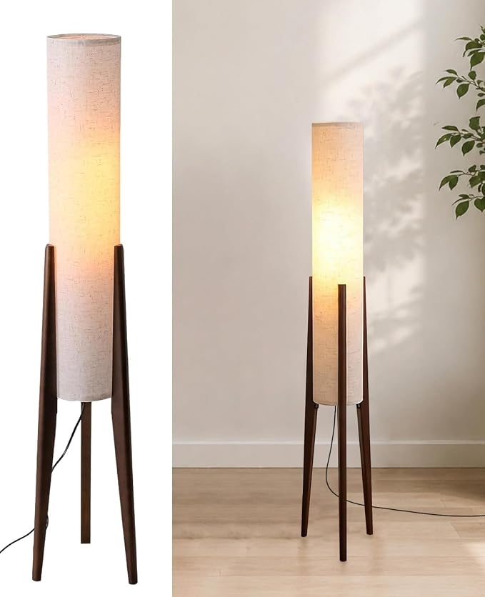 Walnut Wood Tripod Floor Lamp, 48.8 in High Vintage Column Floor Lamps with White Fabric Lampshade, Mid Century Modern Floor Lamp for Bedroom Living Room Home Office (Walnut)