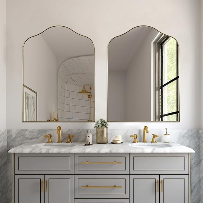 ANDY STAR Brass Scalloped Arched Wall Mirror, 30x40 Brushed Gold Irregular Bathroom Mirror with Curved Design for Vanity, Powder Room, Fireplace, Mantel, with Stainless Steel Metal Frame
