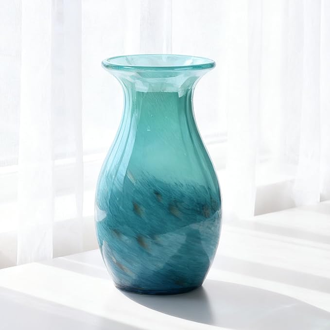 11.4" Tall Teal Glass Vase for Flowers, Hand Blown Gradient Decorative Vase for Home Decor, Centerpiece, Dining Table, Shelf, Mantel, Bathroom, Entryway, Countertop, Gift for Friends