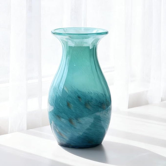 11.4" Tall Teal Glass Vase for Flowers, Hand Blown Gradient Decorative Vase for Home Decor, Centerpiece, Dining Table, Shelf, Mantel, Bathroom, Entryway, Countertop, Gift for Friends