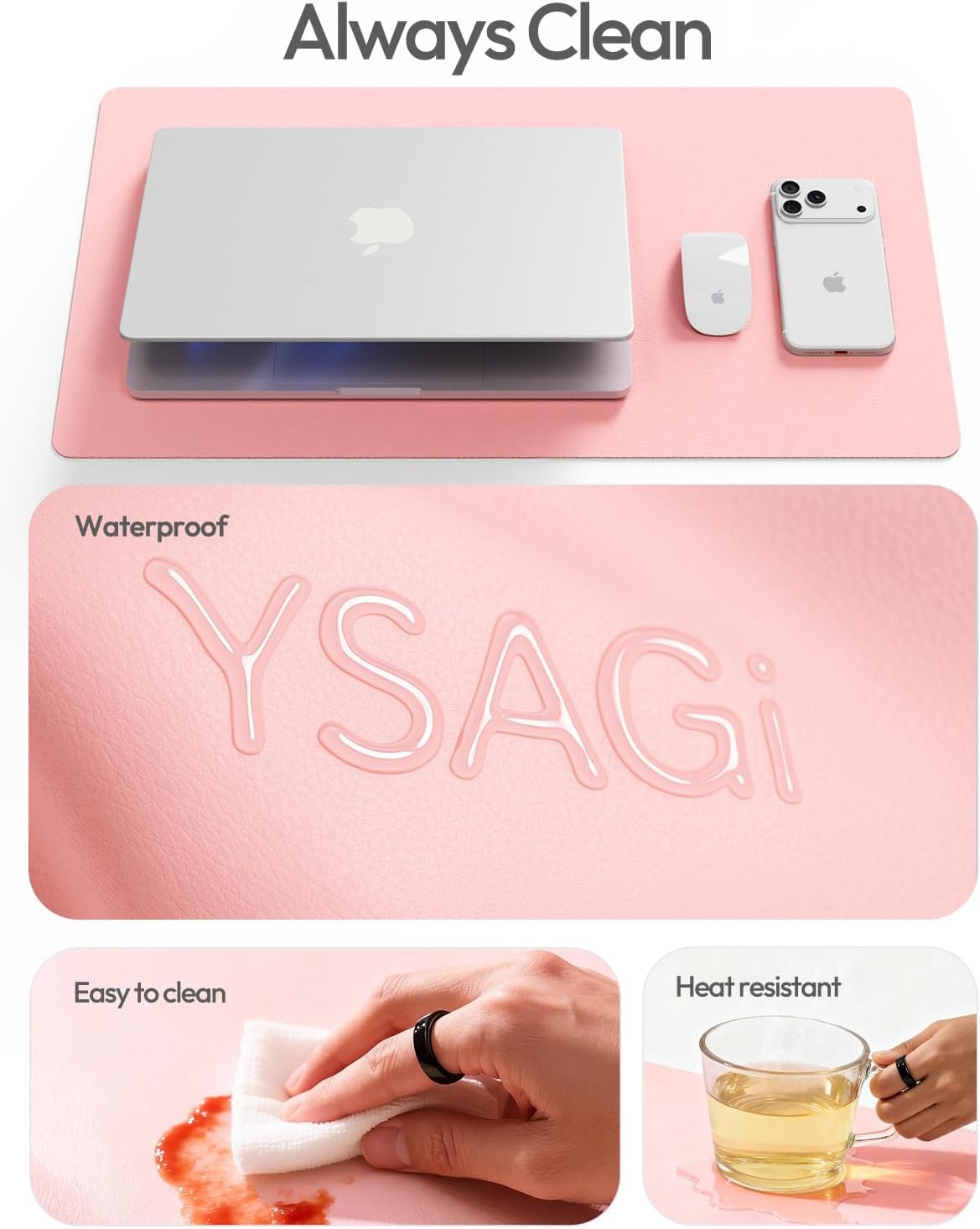 YSAGi Leather Desk Protector - Large Non-Slip PU Leather Office Mat | Waterproof Laptop Pad (Light Pink, 47.2" x 23.6")