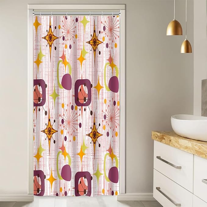 Mid Century Shower Curtain, 36x72inch, Modern Abstract Retro Red Striped Geometric Shower Curtain Sets 1950s Boho Bathroom Shower Curtain with 6 Hooks