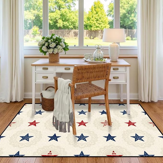 Star Area Rug 6'x9' Vintage Red Blue White Carpet Washable Low Pile Floor Mat Rugs for Bedroom Living Room Nursery Playroom Classroom Home Decor