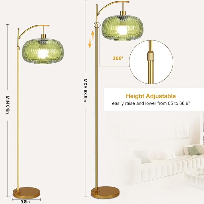 QIYIZM Glass Floor Lamp for Living Room,Bedroom,Gold Dimmable Standing Lamp with Remote,Green Mid Century Modern Brass Vintage Tall Lamp Floor Lamps Arc Boho Floor Light Lamp Bohemian