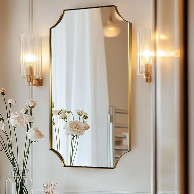 ANDY STAR Gold Scalloped Rectangle Mirror, 24x40 Inch Rectangle Bathroom Mirror, Accent Rectangular Mirror with Scalloped Edge Corner, Brass Bathroom Mirror with Anti-Rust Finish, Horizontal/Vertical