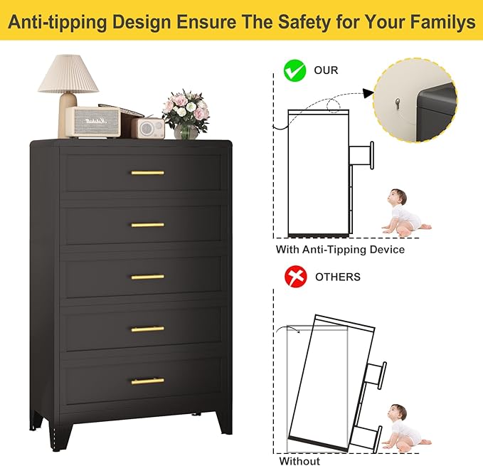 5 Drawers Tall Black Dresser for Bedroom, 52.16" Metal Dressers & Chests of Drawers Curved Corner Design, Storage Organizer Drawer Chest with Large Capacity for Living Room, Hallway, Entryway