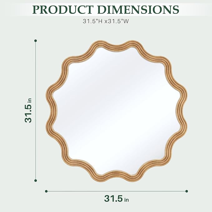Farmhouse Wall Mirror - 31.5" Wood Frame Round Rustic Wall Decorative Mirrors, Circle Scalloped Wavy Round Boho Accent Mirror for Living Room, Bedroom, Entryway, Hallway, Fireplace (Natural)
