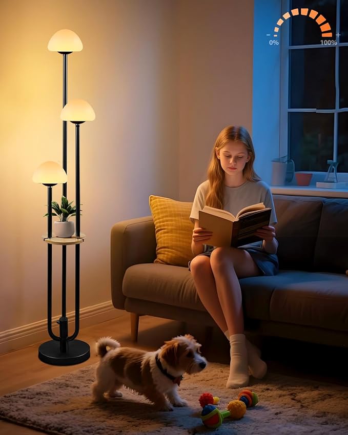 Black Dimmable Floor Lamp with Table, Modern Floor Lamps with Mushroom Shades for Living Room, 3000K Warm White Tall Standing Lamp with Bulbs& 5Lbs Heavy Base for Bedroom/Office