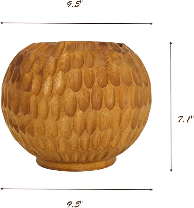 Teak Wooden Handcrafted Pot 9.5" x 9.5" x 7.1"H Natural Wood Round Vase Handmade Rustic Flower Holder for Entry Table Brown Stain Vintage Artworks Planter Living Room Home Christmas Décor