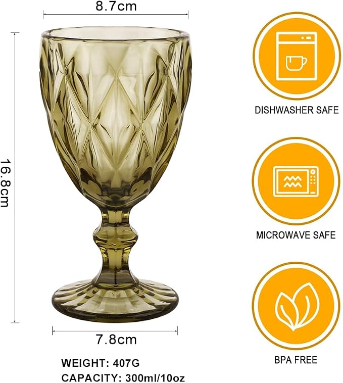 Pure Green Wine Glasses 6Pcs a Set Solid Colors Glass Goblets Colorful Dishwasher Safe Colored Glassware With An Embossed Vintage Never Fade Colored Goblets Pattern Like Crystal (Glass, Green)