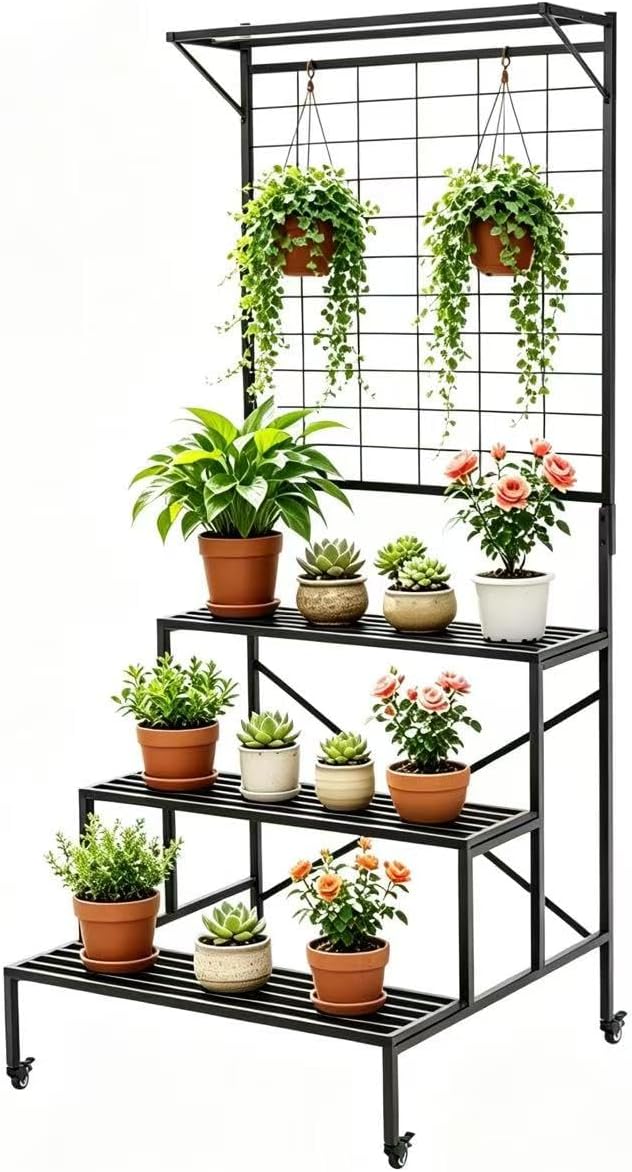 Zhongma 3 Tier Large Heavy Duty Plant Stand with wheels, Tall multi layer Plant Holder with Hanging Plant pot shelf, 35.43 x 33.27 x 80.7inch, Each Tier: 35.43 L x 10.5W, Easy to Hold Large Plant Pot