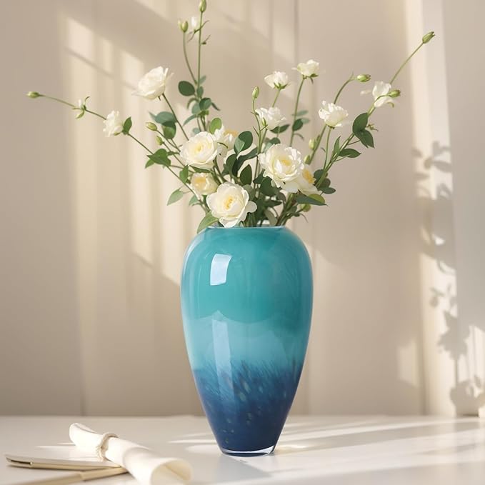 11" Tall Teal Glass Vase for Flowers, Hand Blown Gradient Decorative Vase for Home Decor, Centerpiece, Dining Table, Shelf, Mantel, Bathroom, Entryway, Countertop, Gift for Friends