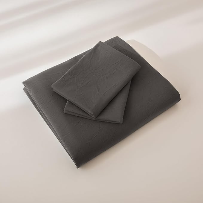 JIYUAN 100% Washed Cotton Duvet Cover Set 3 Pieces Queen, 1 Duvet Cover 90x90 Inches(Comforter Not Included) and 2 Pillowcases,Linen Feel Bedding Set Comfy and Breathable,Solid Dark Grey