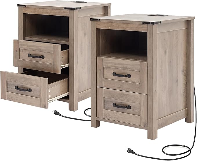 Farmhouse Night Stand Set of 2, Rustic Sierra Nightstand for Bedroom, End Tables with Charging Station, Bedside Table with Drawers, Wood Bedside Cabinet Dresser