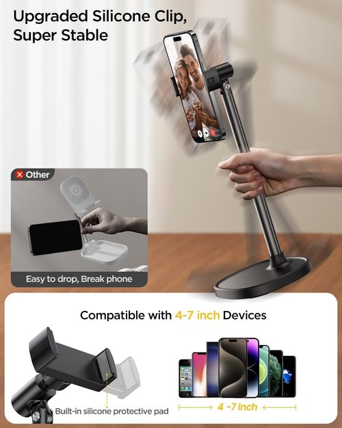 DIMONCOAT Adjustable Phone Stand - Aluminum Alloy Desk Holder for iPhone 17/16/15 Pro Max | Retractable Design