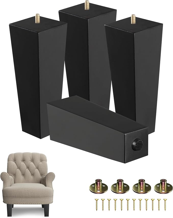 Yes4All 8 Inches Square Black Solid Wood Furniture Legs Set of 4, Heavy Duty 800 Lbs Capacity Furniture Legs with Leveler, Replacement Legs for Furniture, Couch, Sofa, Dresser, Ottoman