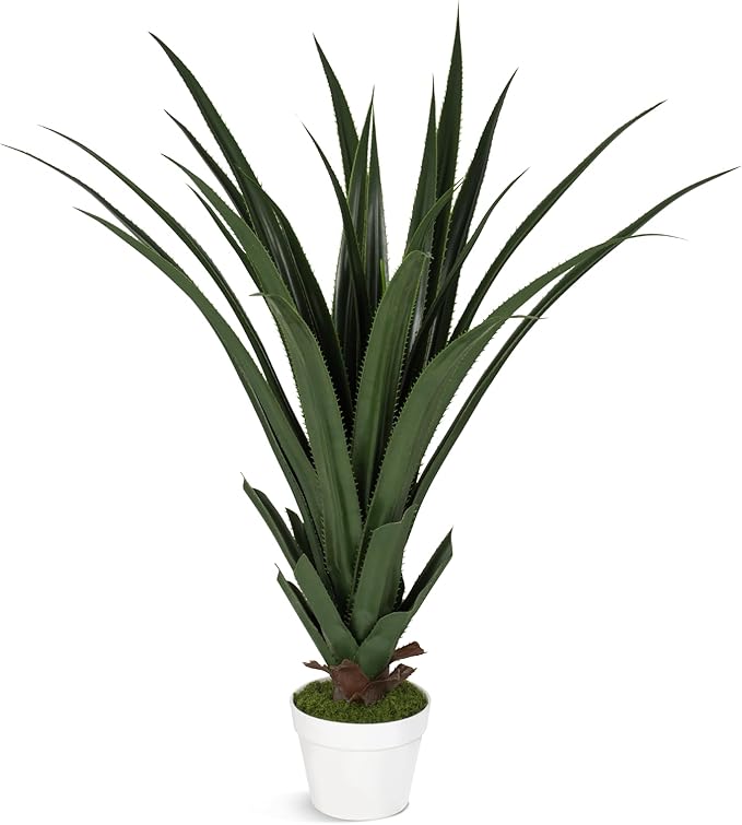 39.4 Inch Artificial Agave Plant, Realistic Faux Spiked Agave Tree with Lifelike Leaves and Moss in White Pot, Indoor Outdoor Floor Plant for Home Office Patio Porch Decor(1pack-3.2ft