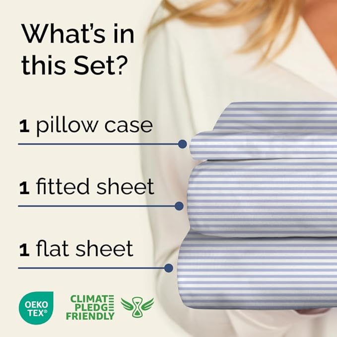 Light Blue and White Striped Sheets - 1 Flat & 1 Fitted Sheet & 1 Pillowcase w/ Deep Pockets - Wrinkle & Fade Resistant - Ultra-Soft, Breathable & Cooling - Luxury Pinstripe Bedding - Twin Size