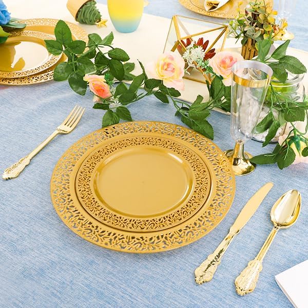 DaYammi 210Pcs Solid Gold Disposable Plates with Silverware and Cups,Christmas Plastic Plates for Party Include: 30 Dinner Plate,30 Dessert Plate,30 Rolled Napkins with Cutlery,30 Cups for Wedding