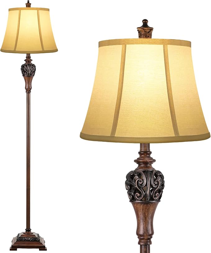 Sucolite Vintage Floor Lamp for Living Room, Traditional Farmhouse Tall Standing Lamp, Mid-Century Antique Pole Lamp for Bedroom Reading with White Fabric Shade, Rustic Bright Lighting Home Decor