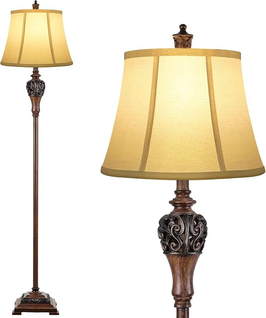 Sucolite Vintage Floor Lamp for Living Room, Traditional Farmhouse Tall Standing Lamp, Mid-Century Antique Pole Lamp for Bedroom Reading with White Fabric Shade, Rustic Bright Lighting Home Decor