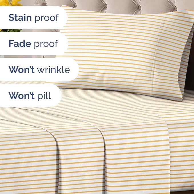Yellow Striped Sheets - 1 Flat & 1 Fitted Sheet & 1 Pillowcase w/ Deep Pockets - Comfy, Wrinkle & Fade Resistant - Ultra-Soft, Cozy, Breathable and Cooling - Luxury Pinstripe Bedding - Twin Size