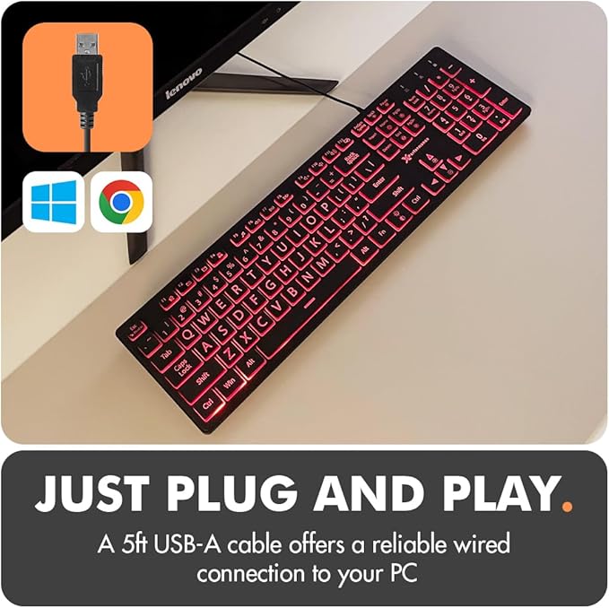 X9 Wired Keyboard and Mouse Combo - Large Print Backlit Keyboard and Mouse for Elderly, Low Vision, Visually Impaired - 7 LED Light Up Color, Lighted Large Letters for Laptop PC Computer USB