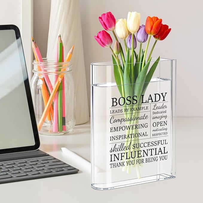 Boss Lady Bosses Day Gifts for Women Men Manager Funny Office Decor for Women Wooden Acrylic Book Flower Vase National Boss Day Decorations Gifts for Leader HR Men Manager Office Bookshelf Desk Decor