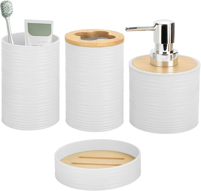 4 Pieces Bamboo Bathroom Accessories Set, Bathroom Accessory Set with Soap Dispenser and Toothbrush Holder, Soap Dish and Toothbrush Cup, Boho Bathroom Decor(White)