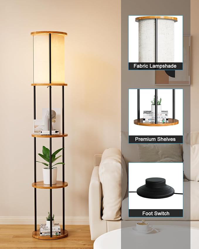 Lightdot 61" Floor Lamp with Shelves, Modern Black Standing Lamp with Fabric Shade and 3- Tier Solid Wood Table Attached, Corner Bookshelf Lamps with Bulb Included for Sofa Beside/Corner Decor