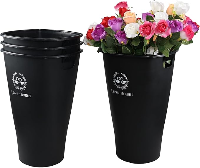 20 Inch Plastic Flower Buckets for Cut Flowers, 4 Pack Tall Flower Buckets with Cutout Handle for Home Wedding Decoration, Black