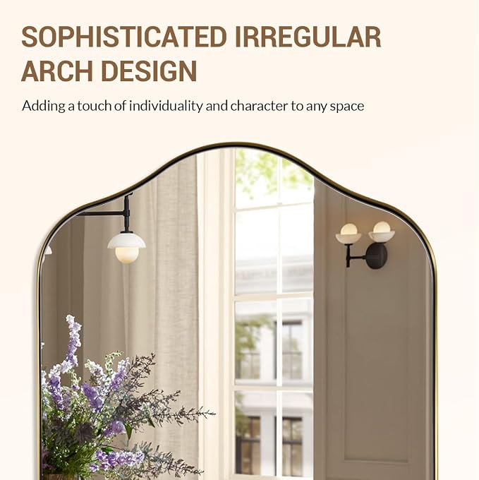 ANDY STAR Brass Scalloped Arched Wall Mirror, 22x35 Brushed Gold Irregular Bathroom Mirror with Curved Design for Vanity, Powder Room, Fireplace, Mantel, Stainless Steel Frame