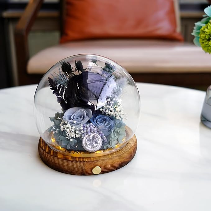 Preserved Real Rose Flowers in Glass Dome with LED Lights,Real Rose Flowers Unique Floral Gift for Girlfriend Mom Wife Girlfriend on Christmas Birthday Anniversary (Elegant Black)
