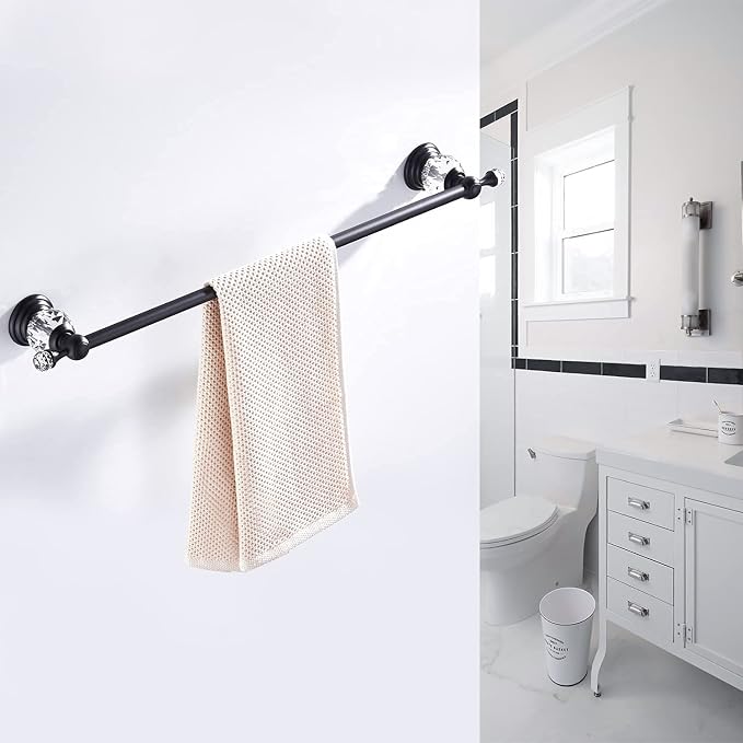WINCASE Crystal Towel Bar, Black Adjustable Towel Rack, Single Hand Towel Holder Bathroom Shower Towel Rail Rod Modern Luxury Wall Mount Matte Black