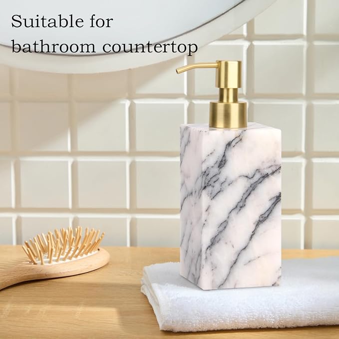Natural Marble Soap Dispenser for Bathroom and Kitchen Countertop - 5.41 Ounces Hand Lotion and Liquid Stone Shampoo Laundry Bottle with Pump (1, Lilac, Rectangular Bottle)